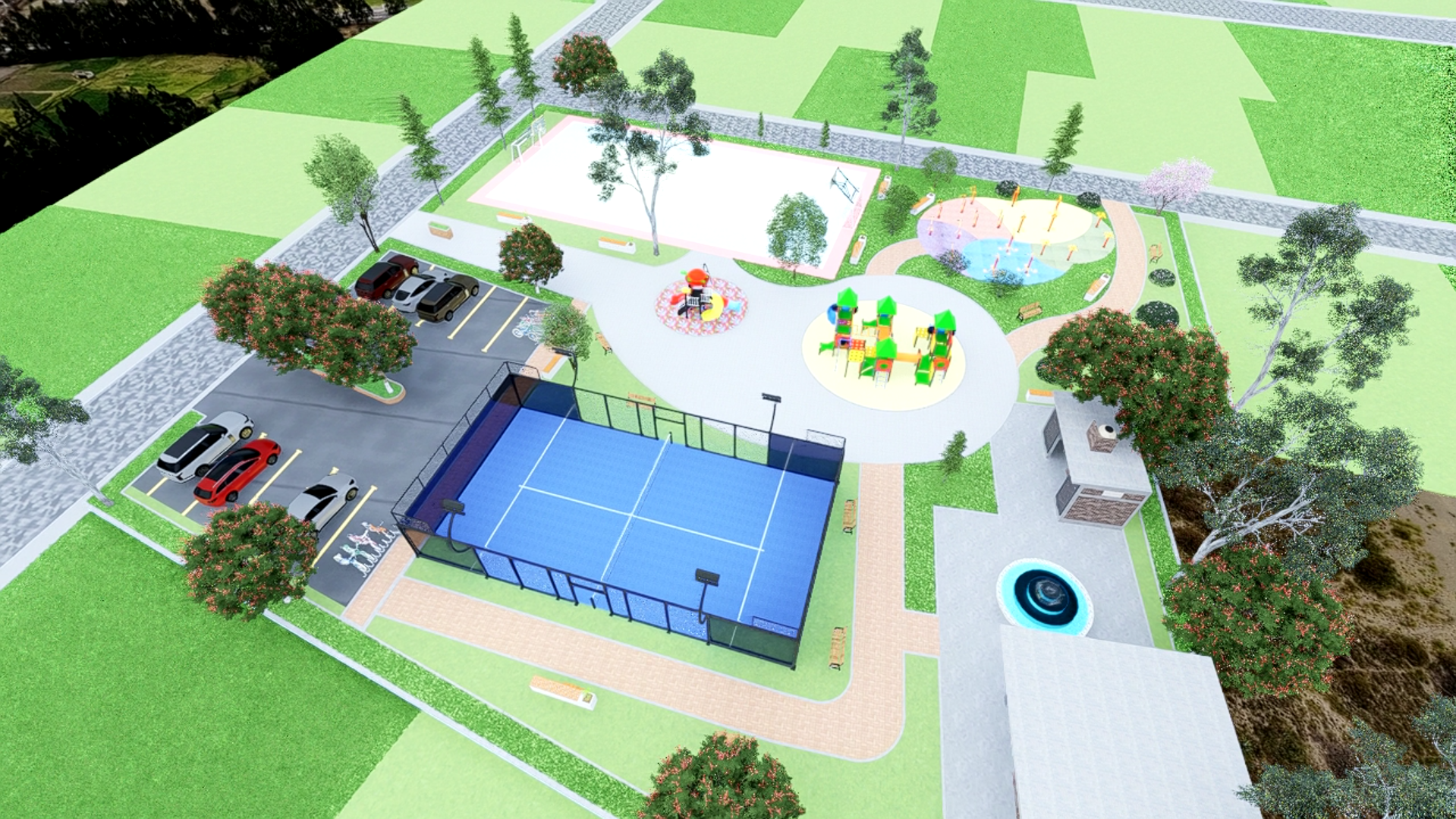 Render de parque con juegos infantiles, canchas y estacionamientos